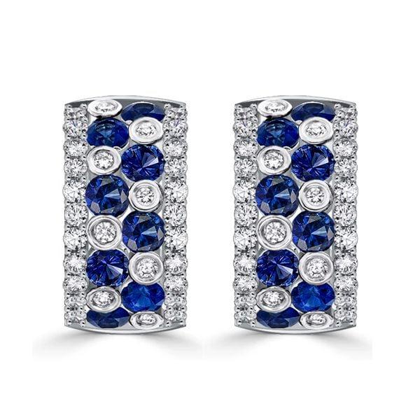 Vintage Blue and White Sapphire Bezel Set Sterling Silver Omega Hoop Earrings