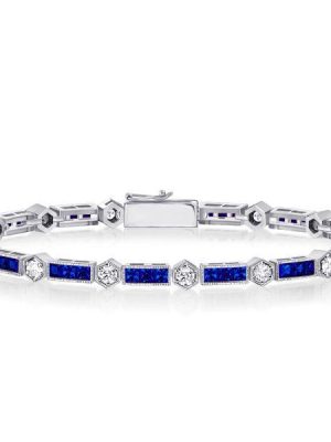 Sterling Silver White & Blue Round Tennis Bracelet - Wedding Jewelry
