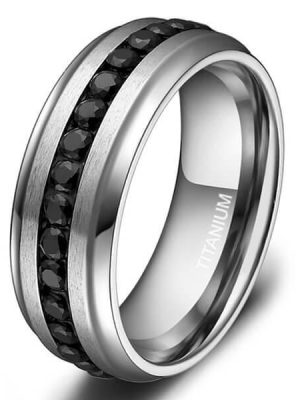 Titanium Steel Men's Black Wedding Band with Created Diamond Accent - 8MM