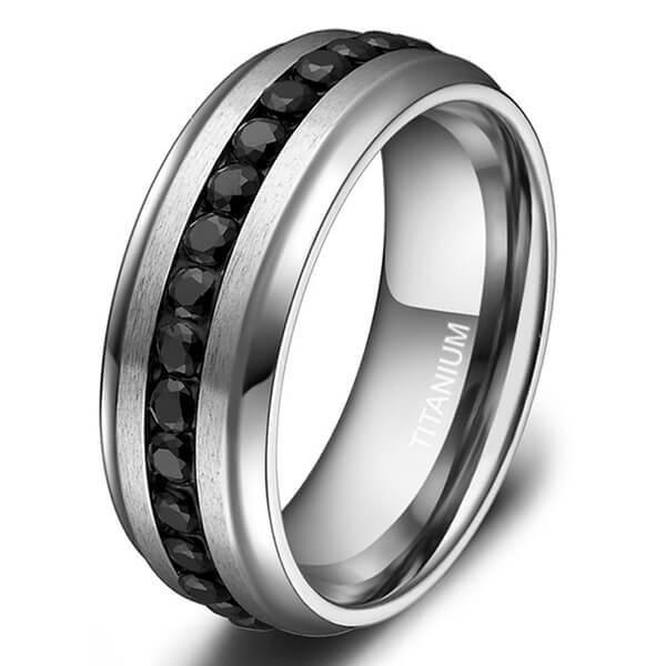 Titanium Steel Men's Black Wedding Band with Created Diamond Accent - 8MM