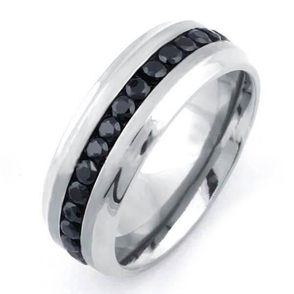 Titanium Steel Men's Black Wedding Band with Created Diamond Accent - 8MM