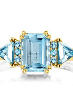 Emerald Cut Aquamarine Three Stone Engagement Ring - 18K Gold Plated Silver