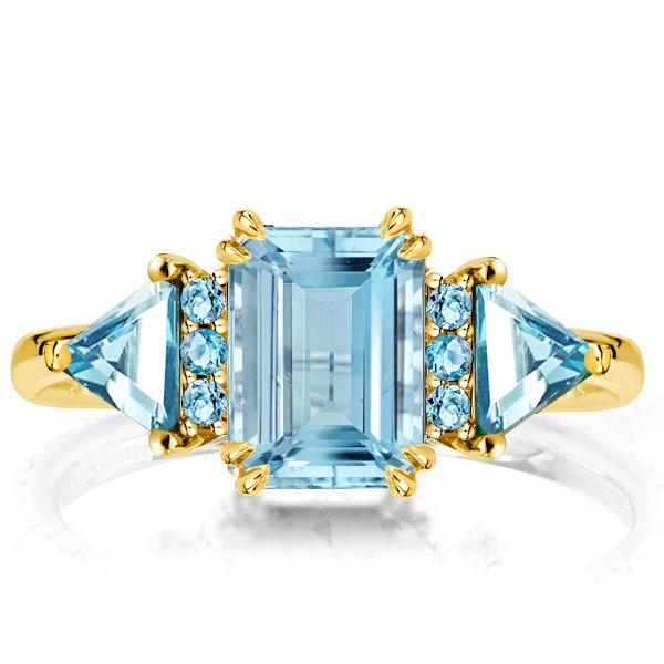 Emerald Cut Aquamarine Three Stone Engagement Ring - 18K Gold Plated Silver