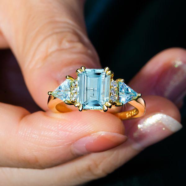 Emerald Cut Aquamarine Three Stone Engagement Ring - 18K Gold Plated Silver