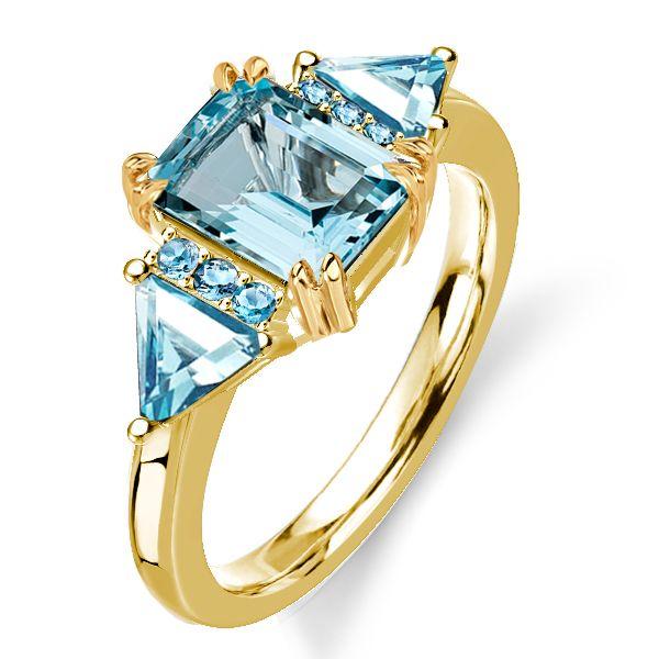 Emerald Cut Aquamarine Three Stone Engagement Ring - 18K Gold Plated Silver