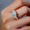Emerald Cut Aquamarine Three Stone Engagement Ring - 18K Gold Plated Silver