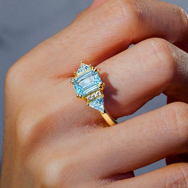 Emerald Cut Aquamarine Three Stone Engagement Ring - 18K Gold Plated Silver