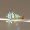 Emerald Cut Aquamarine Three Stone Engagement Ring - 18K Gold Plated Silver