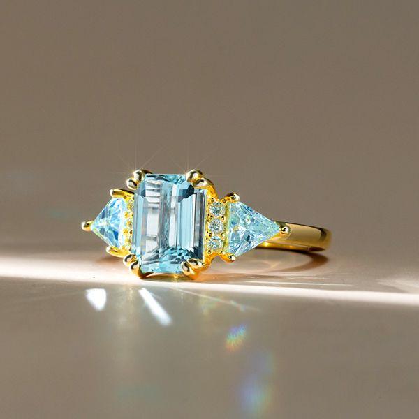 Emerald Cut Aquamarine Three Stone Engagement Ring - 18K Gold Plated Silver