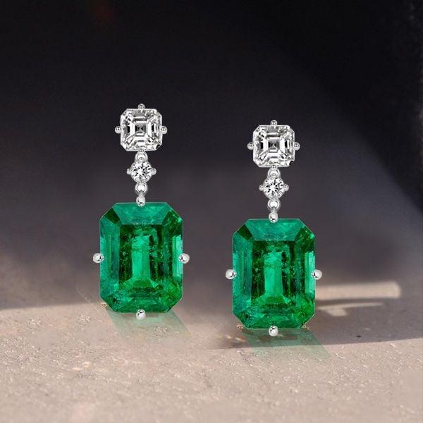 Emerald Cut Emerald and Sapphire Drop Earrings in Rhodium-Plated Sterling Silver