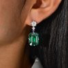 Emerald Cut Emerald and Sapphire Drop Earrings in Rhodium-Plated Sterling Silver