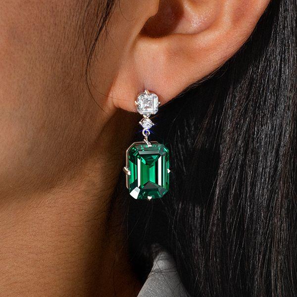 Emerald Cut Emerald and Sapphire Drop Earrings in Rhodium-Plated Sterling Silver