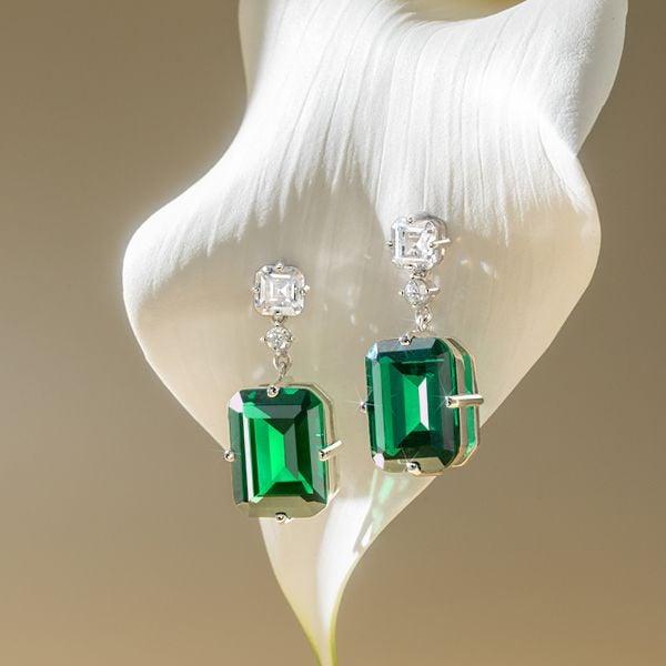 Emerald Cut Emerald and Sapphire Drop Earrings in Rhodium-Plated Sterling Silver