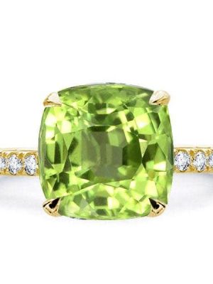 Cushion Cut Peridot Engagement Ring with Hidden Halo Setting in 18K Gold Plated Silver