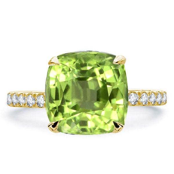 Cushion Cut Peridot Engagement Ring with Hidden Halo Setting in 18K Gold Plated Silver
