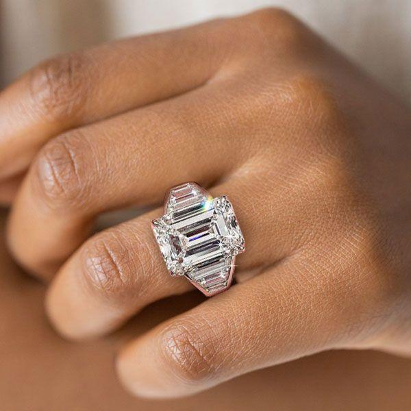 Emerald & Baguette Cut Sterling Silver Engagement Ring - Online Sale