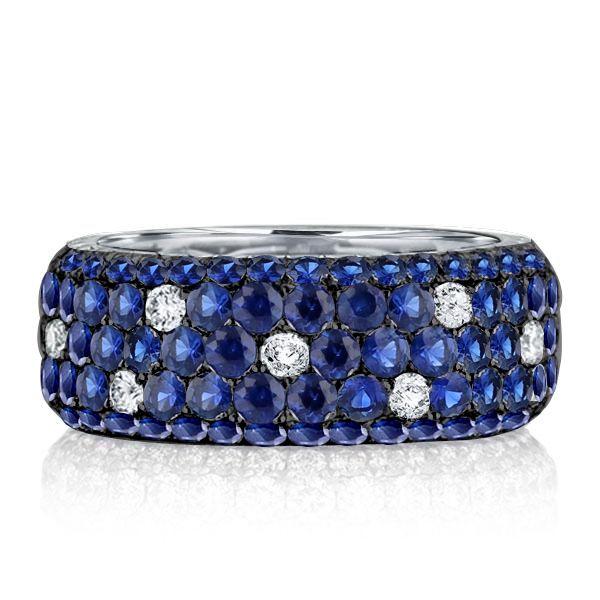Blue Sapphire Eternity Wedding Band - Five Row Pave Set Sterling Silver