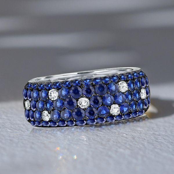Blue Sapphire Eternity Wedding Band - Five Row Pave Set Sterling Silver