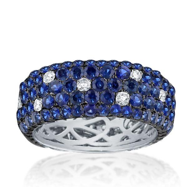Blue Sapphire Eternity Wedding Band - Five Row Pave Set Sterling Silver