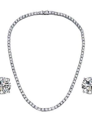 Rhodium-Plated 925 Sterling Silver Round Cut Tennis Necklace and Earring Jewelry Set