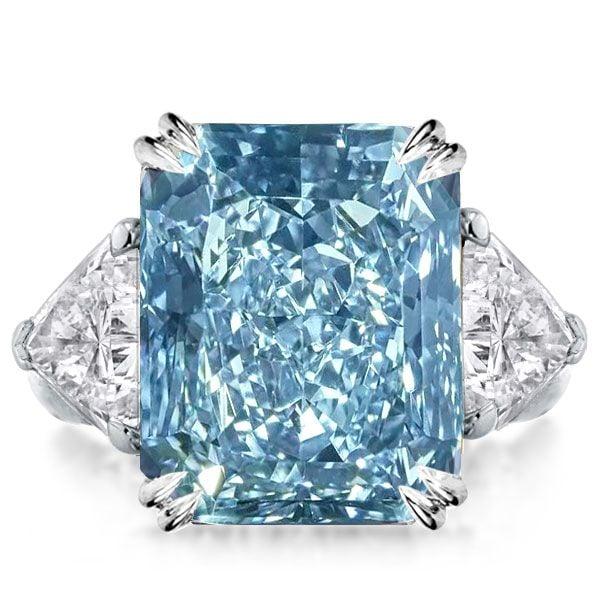 Three Stone Radiant Cut Blue Topaz Engagement Ring in Sterling Silver with Rhodium Plating