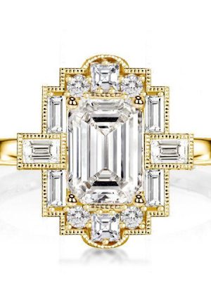 Milgrain Emerald Cut Engagement Ring - 18K Gold Plated Sterling Silver Vintage Style
