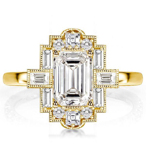Milgrain Emerald Cut Engagement Ring - 18K Gold Plated Sterling Silver Vintage Style