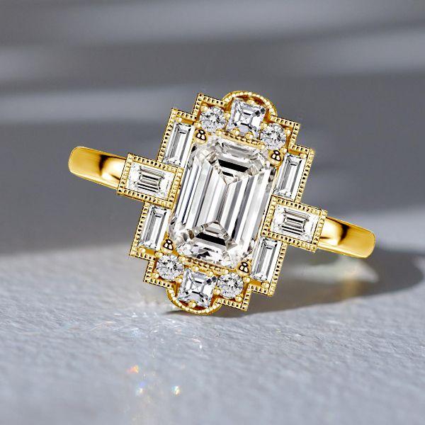 Milgrain Emerald Cut Engagement Ring - 18K Gold Plated Sterling Silver Vintage Style