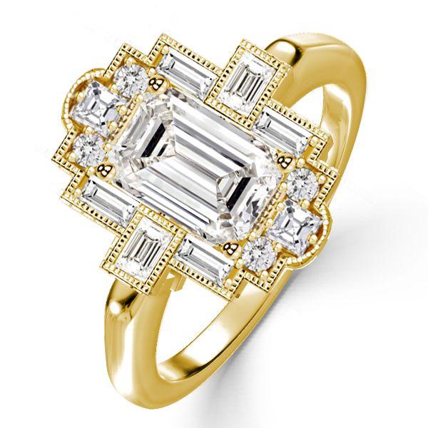 Milgrain Emerald Cut Engagement Ring - 18K Gold Plated Sterling Silver Vintage Style
