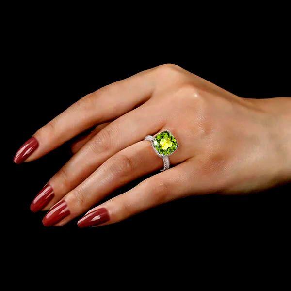 Peridot Cushion Cut Wedding Ring - Hidden Halo Sterling Silver