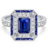 Art Deco Emerald Cut Blue Sapphire Vintage Engagement Ring in Sterling Silver