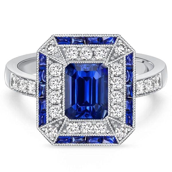 Art Deco Emerald Cut Blue Sapphire Vintage Engagement Ring in Sterling Silver