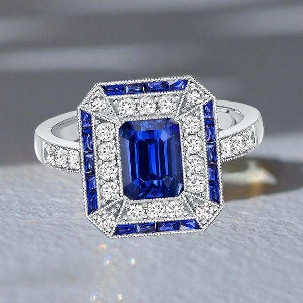 Art Deco Emerald Cut Blue Sapphire Vintage Engagement Ring in Sterling Silver