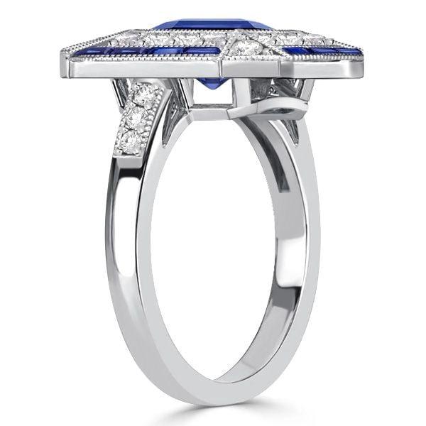 Art Deco Emerald Cut Blue Sapphire Vintage Engagement Ring in Sterling Silver