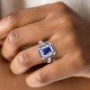 Art Deco Emerald Cut Blue Sapphire Vintage Engagement Ring in Sterling Silver