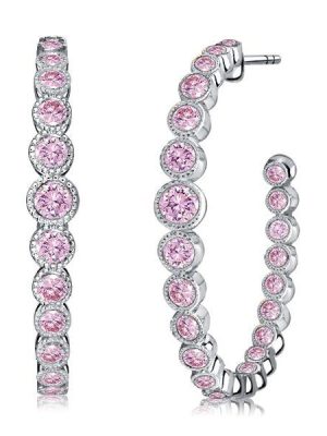 Pink Sapphire Hoop Earrings - Round Cut in Sterling Silver