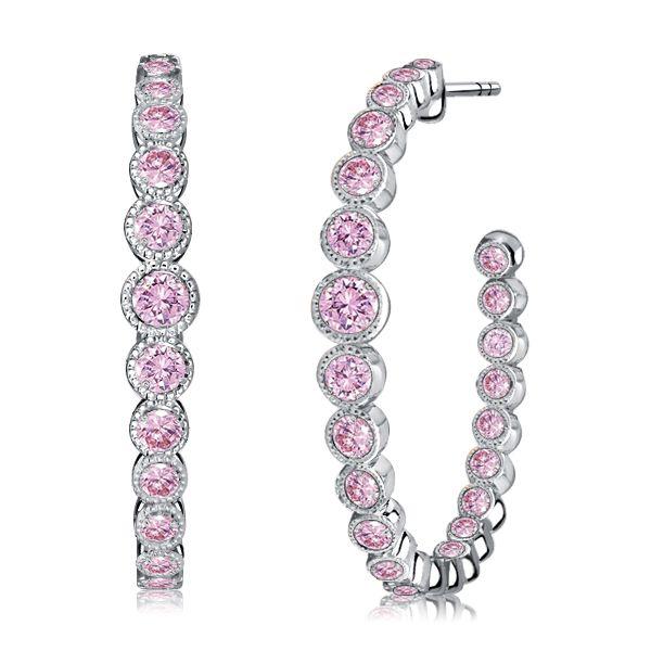 Pink Sapphire Hoop Earrings - Round Cut in Sterling Silver