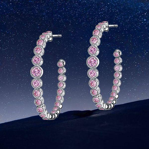 Pink Sapphire Hoop Earrings - Round Cut in Sterling Silver