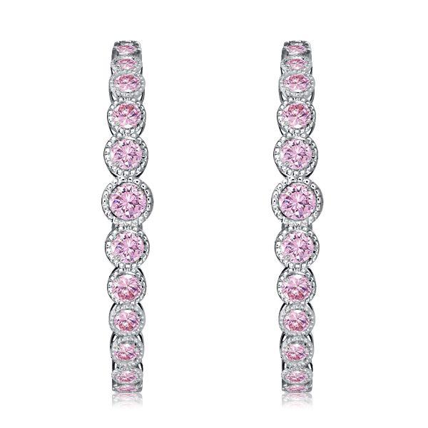 Pink Sapphire Hoop Earrings - Round Cut in Sterling Silver