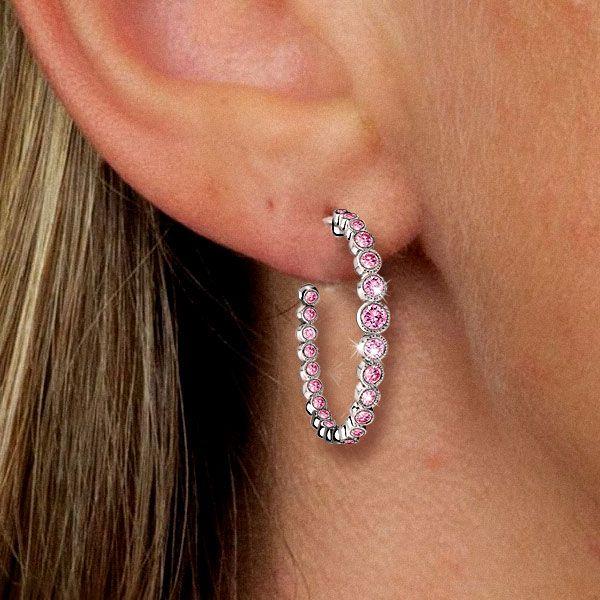 Pink Sapphire Hoop Earrings - Round Cut in Sterling Silver