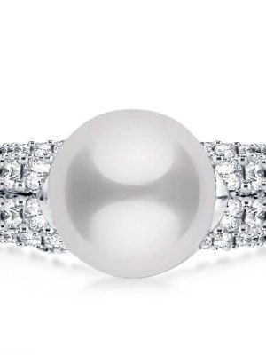Sterling Silver Cutaway Design Pearl & Round Cut CZ Engagement Ring
