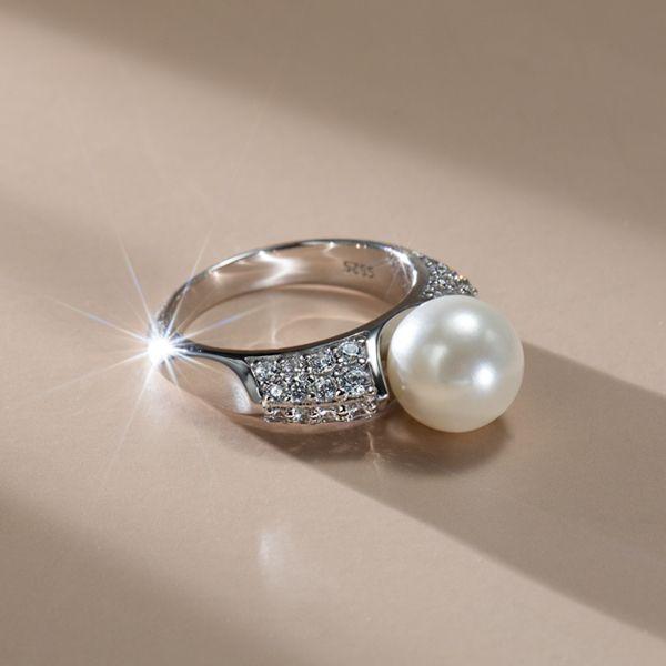Sterling Silver Cutaway Design Pearl & Round Cut CZ Engagement Ring