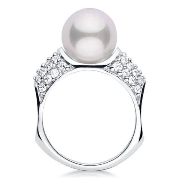 Sterling Silver Cutaway Design Pearl & Round Cut CZ Engagement Ring