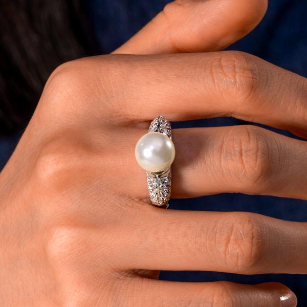 Sterling Silver Cutaway Design Pearl & Round Cut CZ Engagement Ring