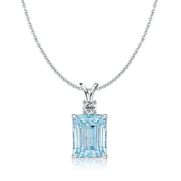 Emerald Cut Aquamarine Pendant Necklace in Sterling Silver with Rhodium Plating