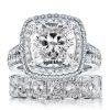 Sterling Silver Sapphire Halo Engagement and Wedding Ring Set, Split Shank Bridal Set