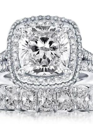 Sterling Silver Sapphire Halo Engagement and Wedding Ring Set, Split Shank Bridal Set