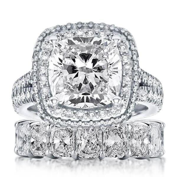 Sterling Silver Sapphire Halo Engagement and Wedding Ring Set, Split Shank Bridal Set