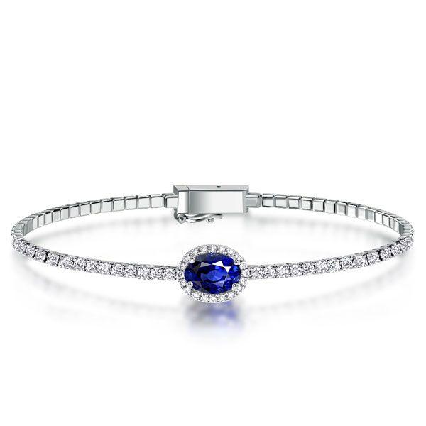Blue Sapphire Halo Tennis Bracelet for Women in Sterling Silver