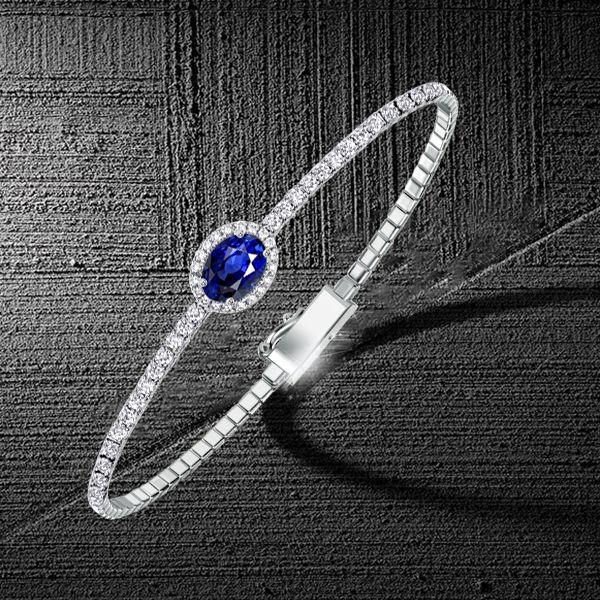 Blue Sapphire Halo Tennis Bracelet for Women in Sterling Silver